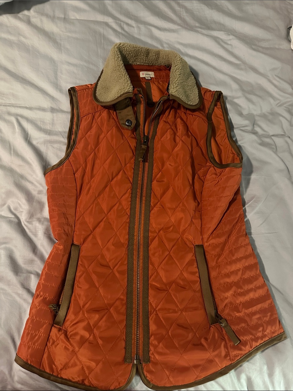 Cremieux Quilted Orange Sleeveless Vest with Sherpa Collar Small